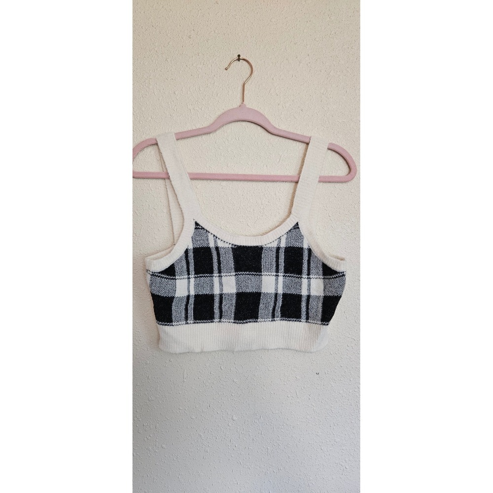 Arizona Jean Co Womens Large Black White Plaid Knit Crop Tank Top Scoop‎ Neck
